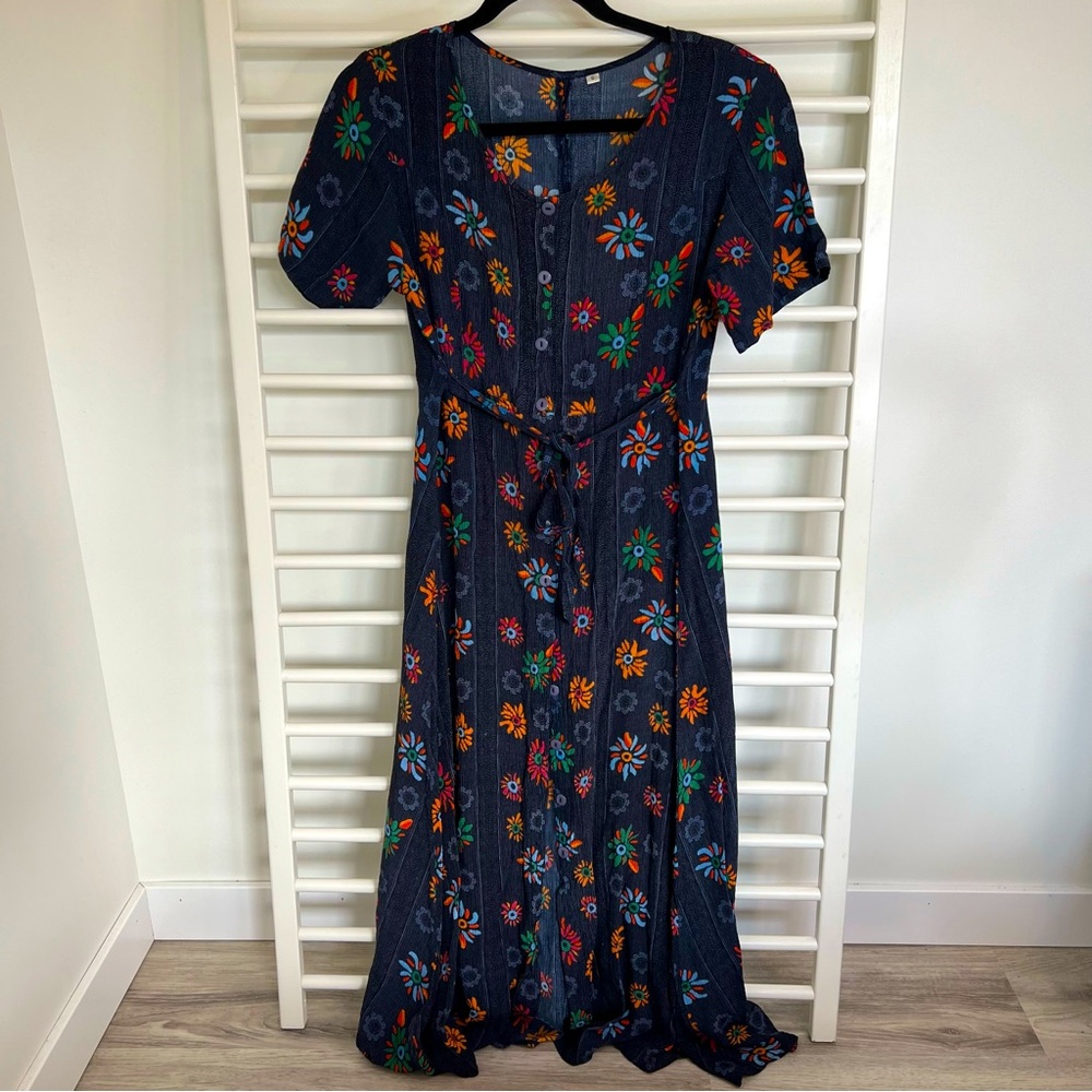 Vintage Style Floral Navy Dress Cottagecore Button-up Short Sleeve Small